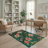 Teal Pink Peony Branch Floral Rug