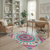 Boho Chic Multi-color and Patterns Vibrant Pink Teal Mandala Boho Area Rug