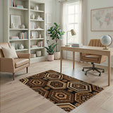 Tribal Hexagon Geometric Area Rug in Brown Tan