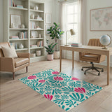 Teal Pink Abstract Leaf Foliage Area Rug