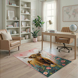 Dreamy Highland Cow in Wildflower Meadow Rug