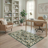 Cream Floral Green Border Vintage Area Rug
