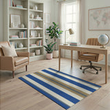 Navy Blue, Cream Tan Striped Coastal Area Rug