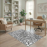 Intricate Swirling Vine Black White Area Rug