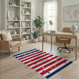 ODIKA Patriotic Stars and Stripes Washable Low Pile Area Rug - Non-Slip & Pet Friendly