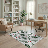Festive Green Holly Leaves Red Berries Area Rug