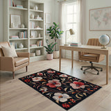 Red Pink Floral Blooms Area Rug on Black