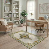 Ornate Gold and Green Floral Border Rug