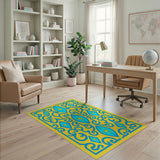 Ornate Blue Star Diamond Rug on Yellow