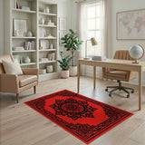 Vibrant Red Mandala Area Rug with Black Ornate Border