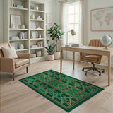 Emerald Green Gold Geometric Lattice Area Rug