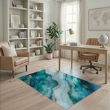 ODIKA Teal and Gold Abstract Agate Washable Rug - Low Pile Non-Slip Area Rug