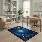 Washable Celestial Sun & Moon Area Rug - Navy Blue and Gold Mystical Low Pile Carpet
