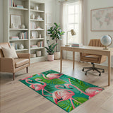 Pink Flamingos Palm Leaves Coastal Rug
