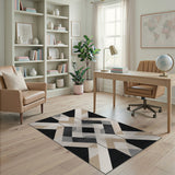 ODIKA Washable Geometric Area Rug - Modern Black & Cream Low Pile Non-Slip Carpet