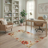 Vintage Red Poppy Floral Border Cream Area Rug