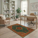 Ornate Green Persian Sunburst Medallion Rug