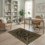 Gold and Silver Ornate Gold Filigree Black Area Rug