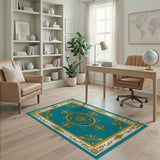 Traditional Persian Blue and Teal Ornate Teal Gold Medallion Area Rug