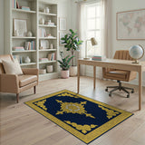 Navy Blue Ornate Gold Medallion Area Rug