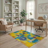 Vibrant Yellow-Teal Geometric Abstract Area Rug