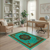 Teal Persian Mandala Area Rug with Gold Accents