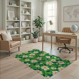 White Blossom Floral Green Area Rug