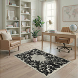 Ornate Shell Leaf Black White Area Rug