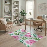 Pink Hibiscus Blooms Green Leaves Area Rug