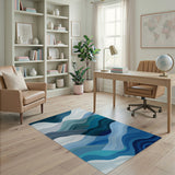 ODIKA Modern Abstract Blue Wave Washable Area Rug - Low Pile Non-Slip Kid & Pet Friendly