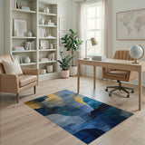 Textured Blue Teal Gold Geometric Abstract Area Rug