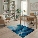 Washable Blue Ocean Wave Area Rug - Low Pile & Non-Slip
