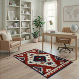 ODIKA Southwestern Geometric Washable Area Rug - Red & Navy Blue Low Pile Non-Slip Carpet