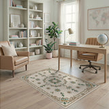 Elegant Beige Floral Border Rug with Teal Daisies