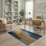 Abstract Gold Curves Navy Grey Area Rug