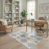 Grey Floral Trellis Rug with Gold Diamonds