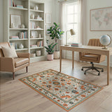 Ivory Persian Area Rug with Orange Floral Motifs