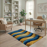 Blue Gold Wavy Brushstroke Abstract Area Rug