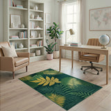 Golden Monstera Leaf Area Rug on Emerald Green
