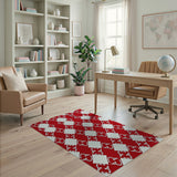 Red Diamond Trellis Area Rug with White Arabesques