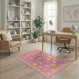 Pink Floral Vintage Area Rug with Yellow Blooms