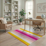 Vibrant Pink Yellow Striped Shag Area Rug