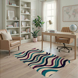 Teal Navy Maroon Wavy Abstract Area Rug