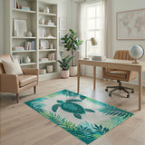 Teal Sea Turtle Coastal Area Rug with Palm Leaves