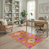 ODIKA Washable Orange Retro Floral Area Rug - Low Pile Non-Slip Pet & Kid Friendly