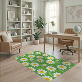 Cheerful White Daisy Green Area Rug