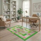 Green Framed Pink Orange Patchwork Geometric Rug