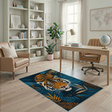 Bold Teal Tiger with Palm Leaves Area Rug