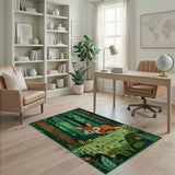 Whimsical Red Fox in Enchanted Green Forest Rug