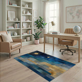 Geometric Blue Night Sky Area Rug with Gold Moon